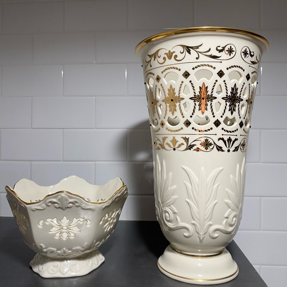 Lenox Langtry Porcelain Ivory Gold Floral Decorative Two-Piece Bowl Set